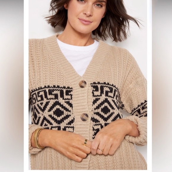 Evereve Amalie Aztec Cardigan Tan & Black Size Large - Picture 3 of 11